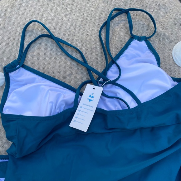 Beachsissi Tankini set in a Soft Green Colour Criss Cross Back Cut Out Bottoms - Picture 6 of 15